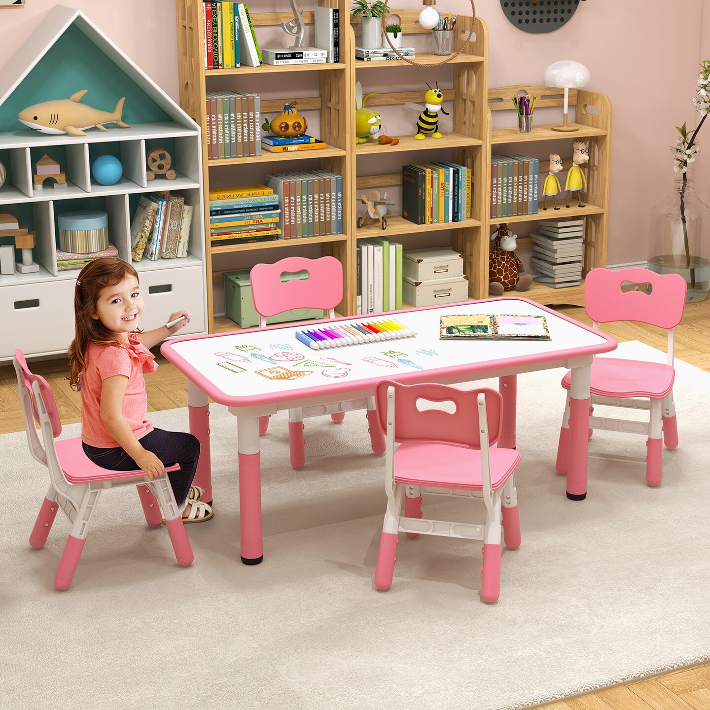 Kids Table And Chairs Set For 4 With Graffiti Desktop