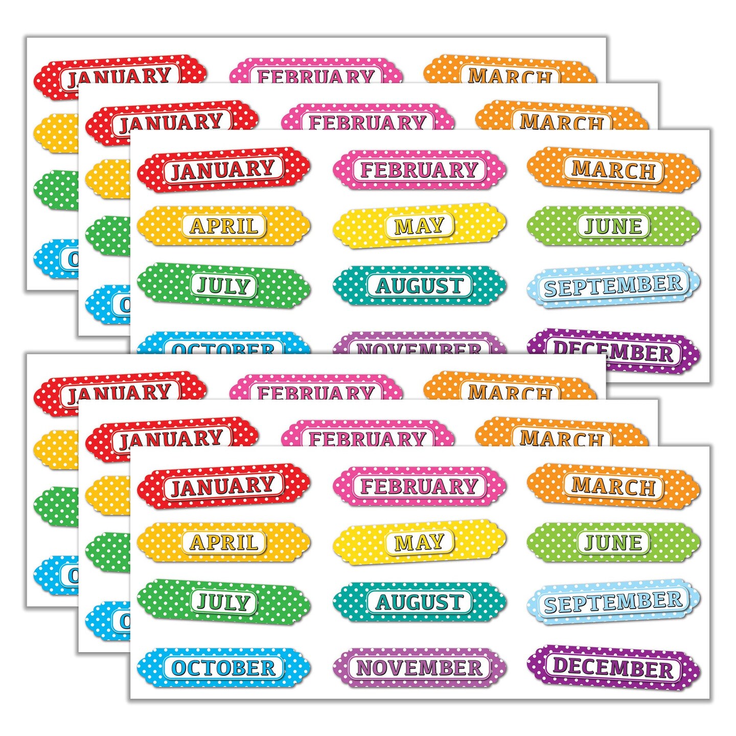 Magnetic Die-Cut Timesavers &#x26; Labels, Months of the Year, White Polka Dots On Assorted Colors, 12 Per Pack, 6 Packs