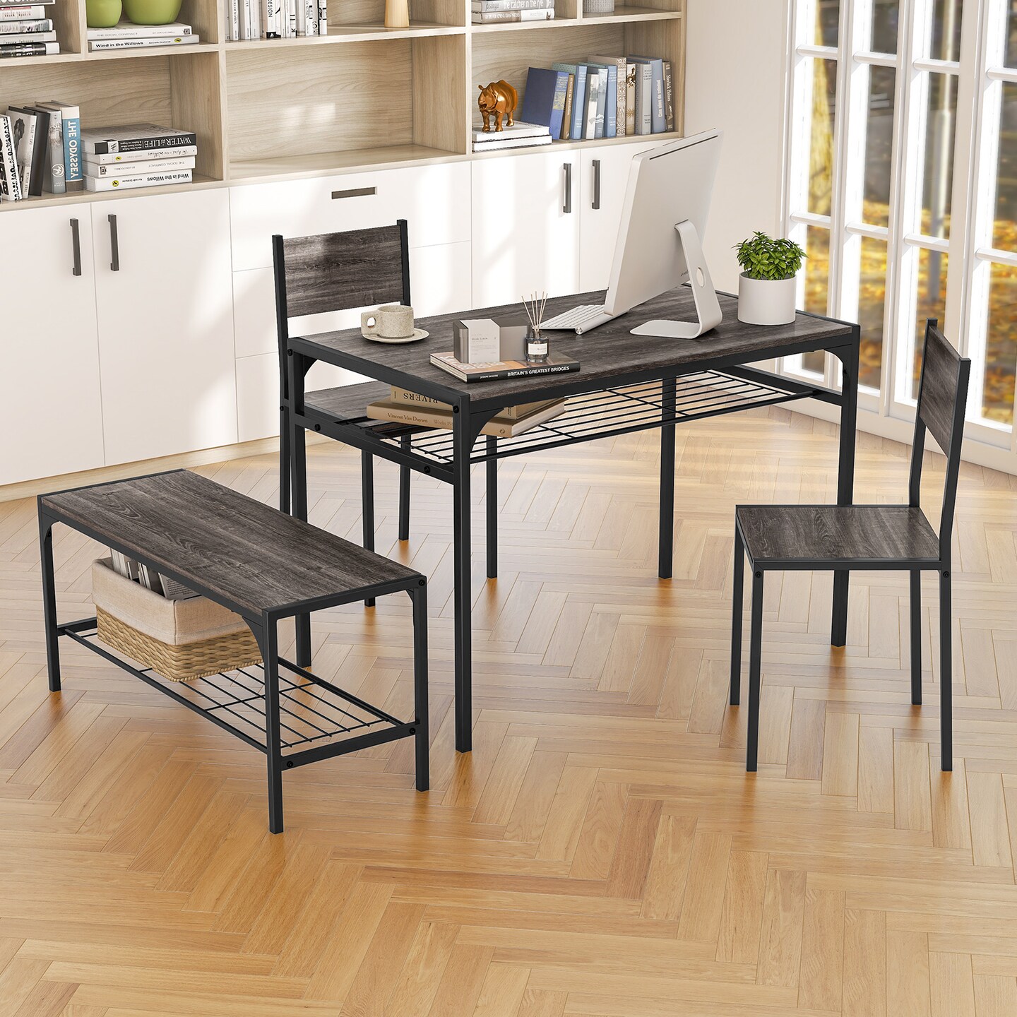 Industrial Style Rectangular Kitchen Table with Bench and Chairs - 43&#x22; x 26&#x22; x 30&#x22;