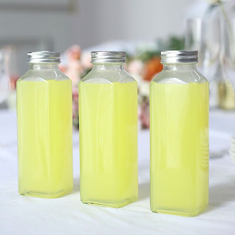 CLEAR 12 Square 12 oz Refillable GLASS BOTTLES Storage Jars Aluminum Caps