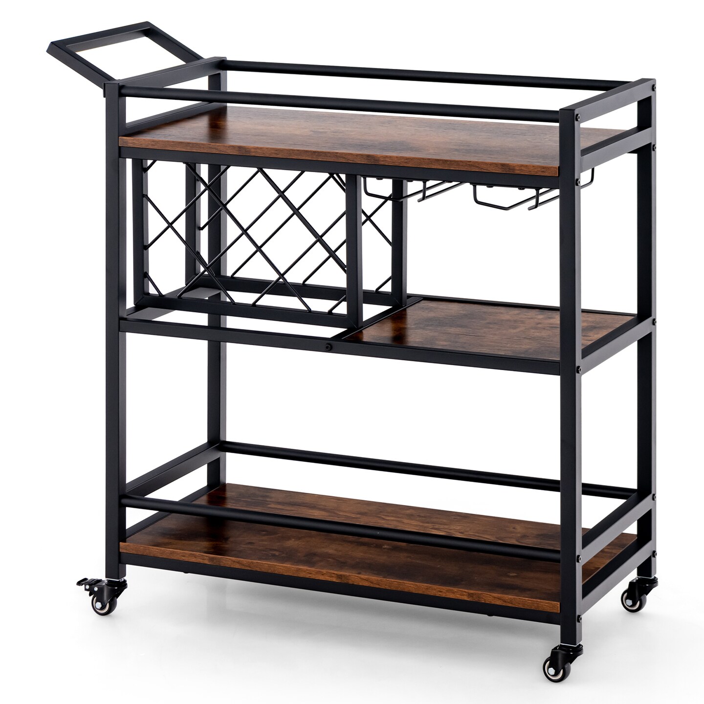 3-tier Bar Cart on Wheels Home Kitchen Serving Cart with Wine Rack and Glasses Holder - 41" x 14" x 37"
