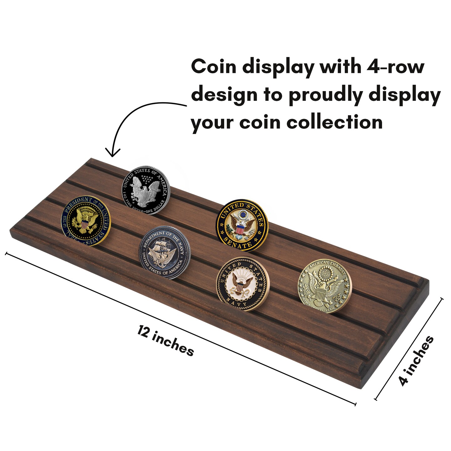 Americanflat 12x4 Challenge Coin Display - Four Rows for Displaying Military Challenge Coins - Showcase up to 30 Coins at Once - Collectible Coin Holder - Pinewood Finish - Black