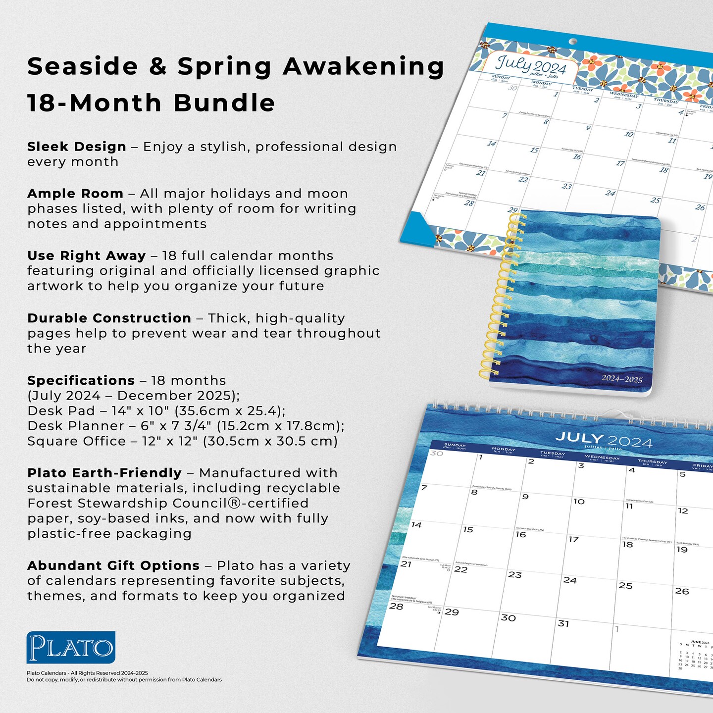 Seaside Currents and Spring Awakening 2025 18 Months Bundle | Desk Pad, Desk Planner, and Square Wire-O Calendar | July 2024 - December 2025 | Plato | Family Stationery Design