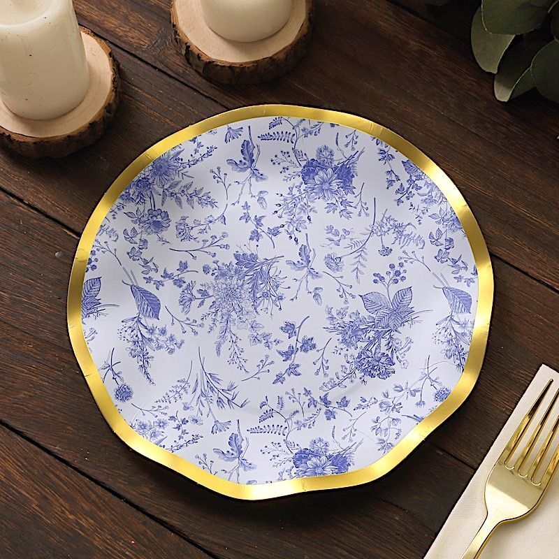 25 Round 8&#x22; BLUE Paper Salad Plates Gold Wavy Rim Party Tableware