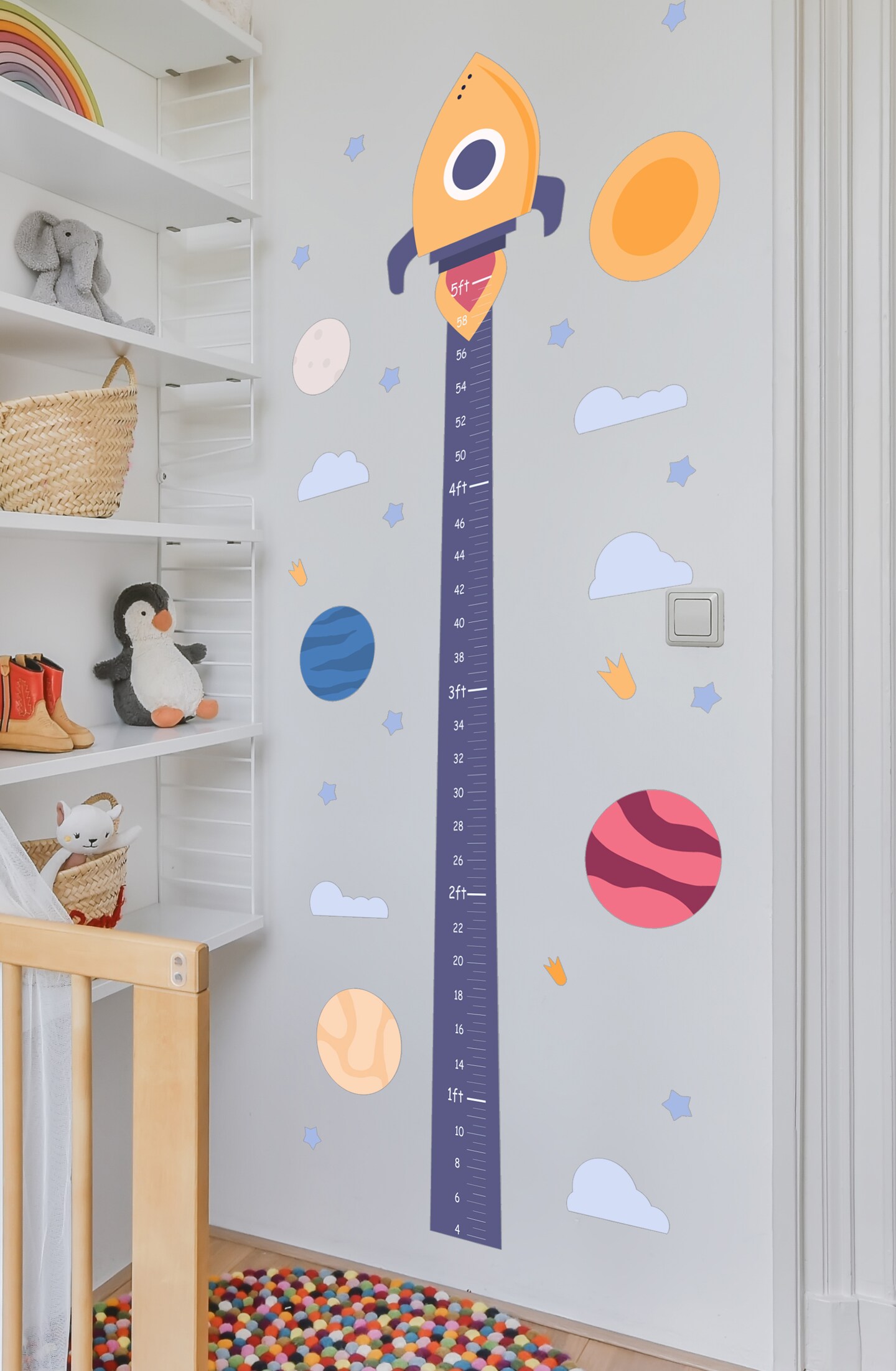 Space Rocket and Galaxy Growth Chart Nursery Wall Decal, 27x60 Inches, Moon, Stars and Clouds, Space Nursery Decor se219 product 4