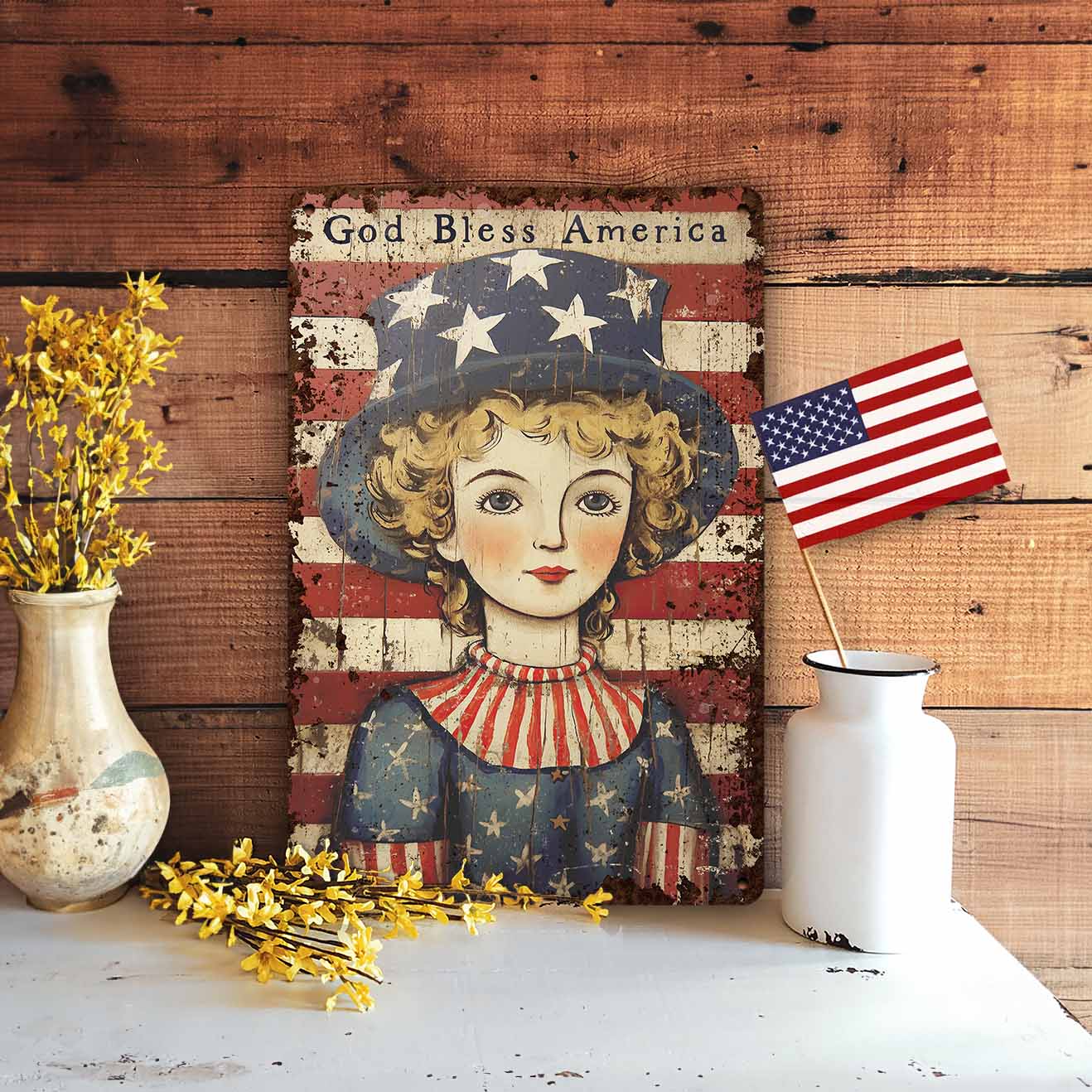 Primitive 4th of July Decor Metal Patriotic Sign - Rustic