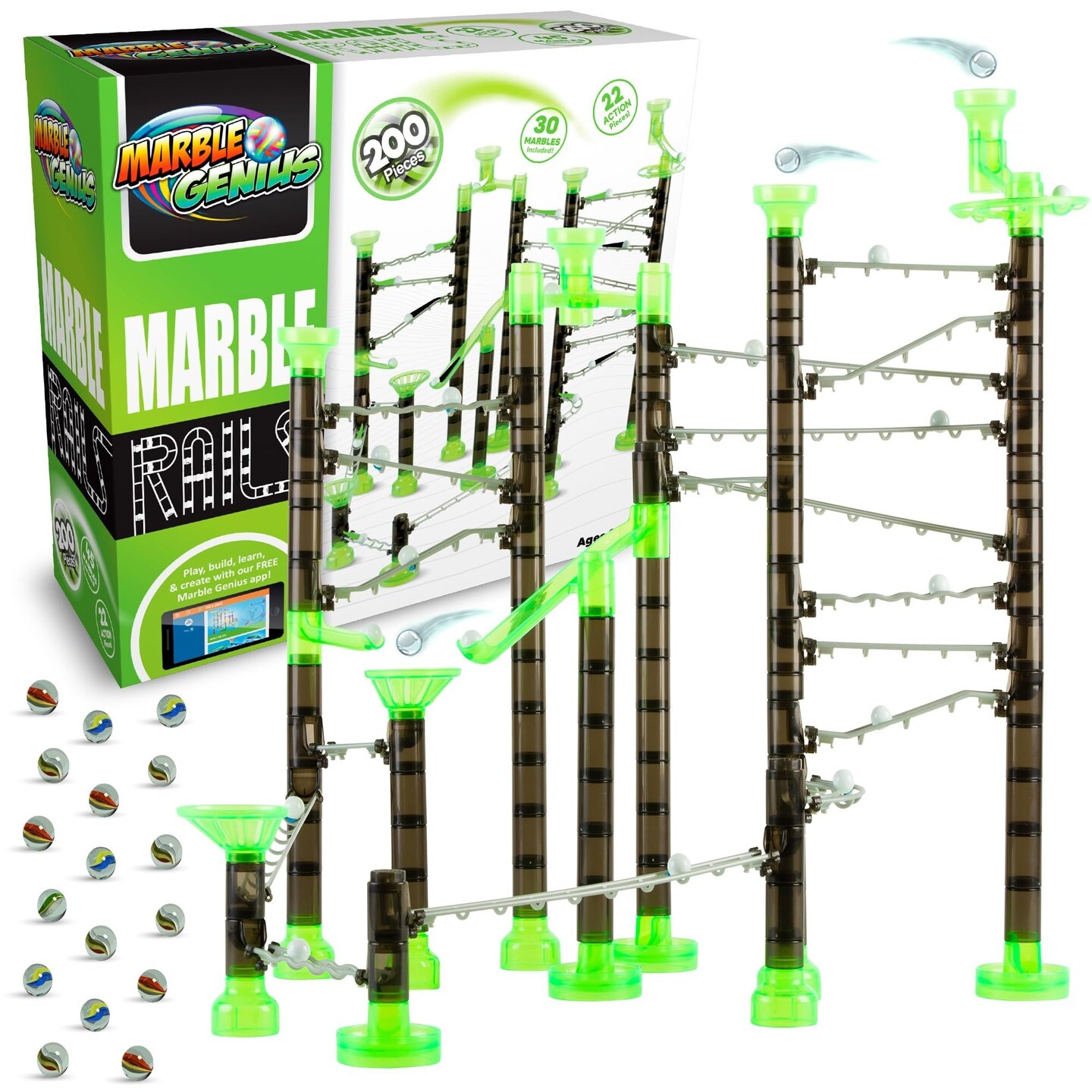 Marble Genius Marble Rails Starter Set, 200 Piece Marble Run (30 Marbles, 30 Rail Pieces, 12 Base Pieces, and More), with Online App and Full-Color Instructions