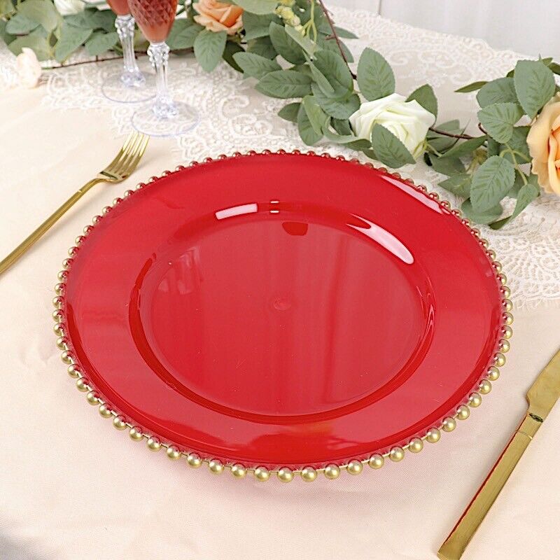 6 RED GOLD 12&#x22; Round Beaded Rim Charger Plates