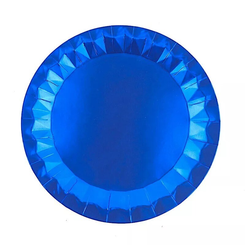 25 ROYAL BLUE Metallic Round 12" Paper Salad Dinner Plates Geometric Design