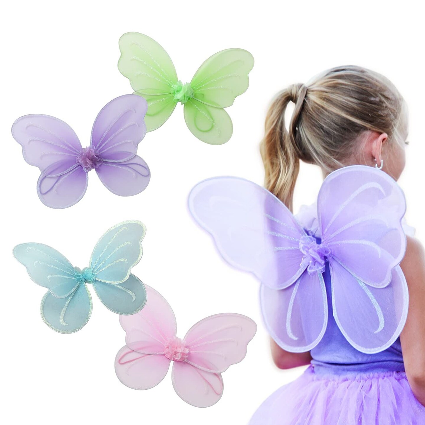 Butterfly Craze Girls&#x27; Fairy, Angel, or Butterfly Wings - Costume Accessories &#x26; Party Favors or Supplies, Make Your Little One&#x27;s Birthday Party Special, in Shades of Blue, Green, Pink, and Purple, 4pc