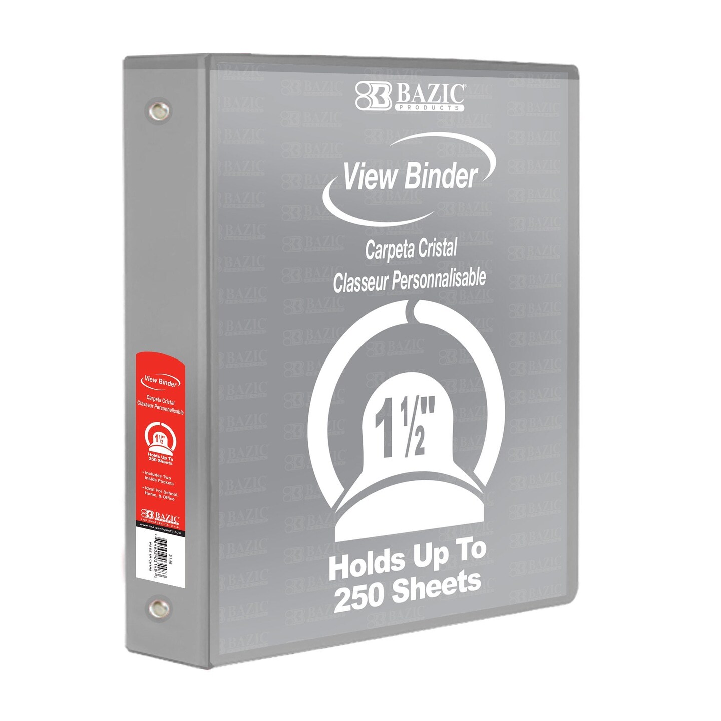 3-Ring View Binder with 2 Pockets, 1.5&#x22;, Gray, Pack of 6
