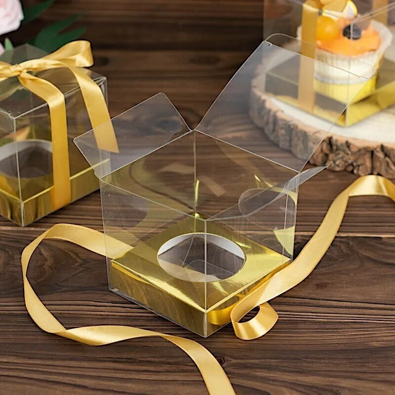 CLEAR GOLD 12 Square 3.5&#x22; Mini Cupcake BOXES Favor Holders