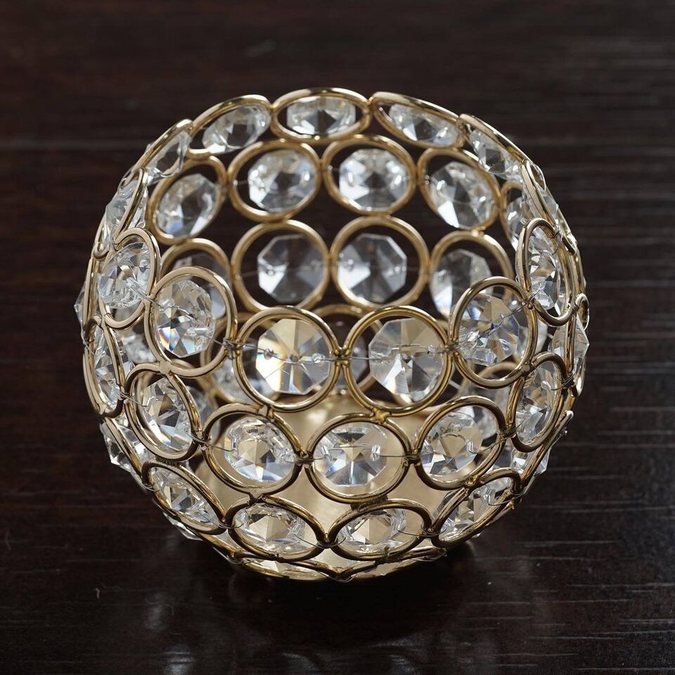 ROUND 3.5&#x22; Candle Holder GOLD METAL Faux Crystal Beaded Decorations