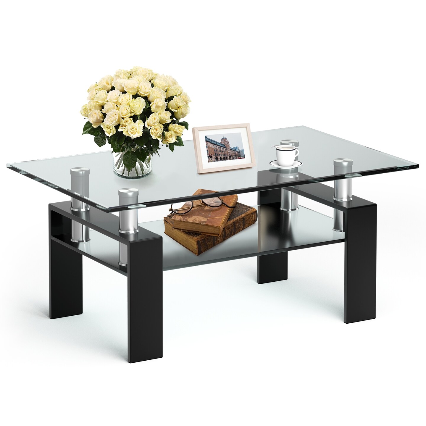 Rectangle Glass Coffee Table With Metal Legs For Living Room