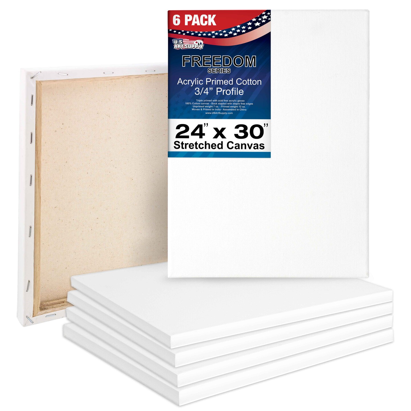 24 x 30 inch Stretched Canvas 12-Ounce Triple Primed, 6-Pack - Professional Artist Quality White Blank 3/4&#x22; Profile, 100% Cotton, Heavy-Weight Gesso