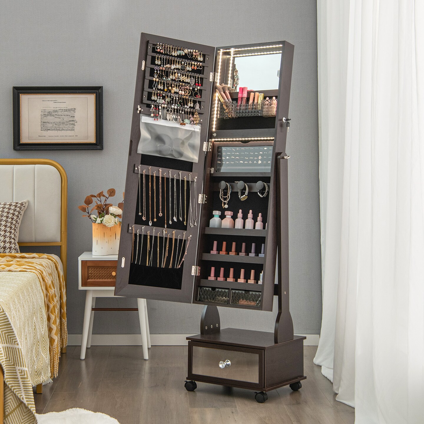 47 Inch Lockable Jewelry Cabinet Armoire With 3-color Led Lights