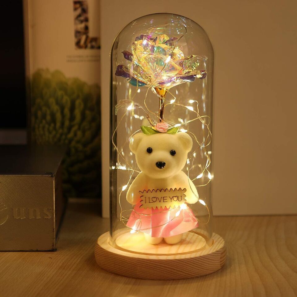Light Up Rose in A Glass Dome with Teddy Bear