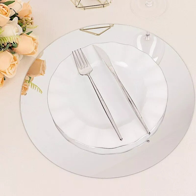 SILVER 10 Round 13&#x22; Decorative Mirror Plastic CHARGER PLATES