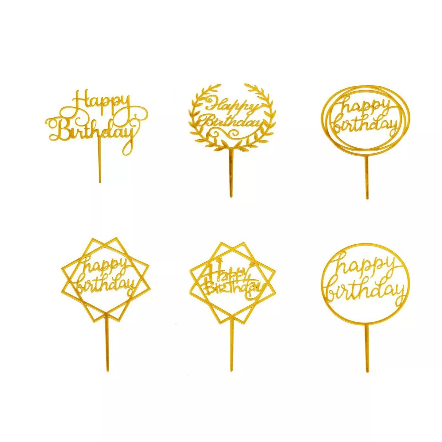 6&#x22; Gold Assorted Acrylic Happy Birthday Cake Toppers