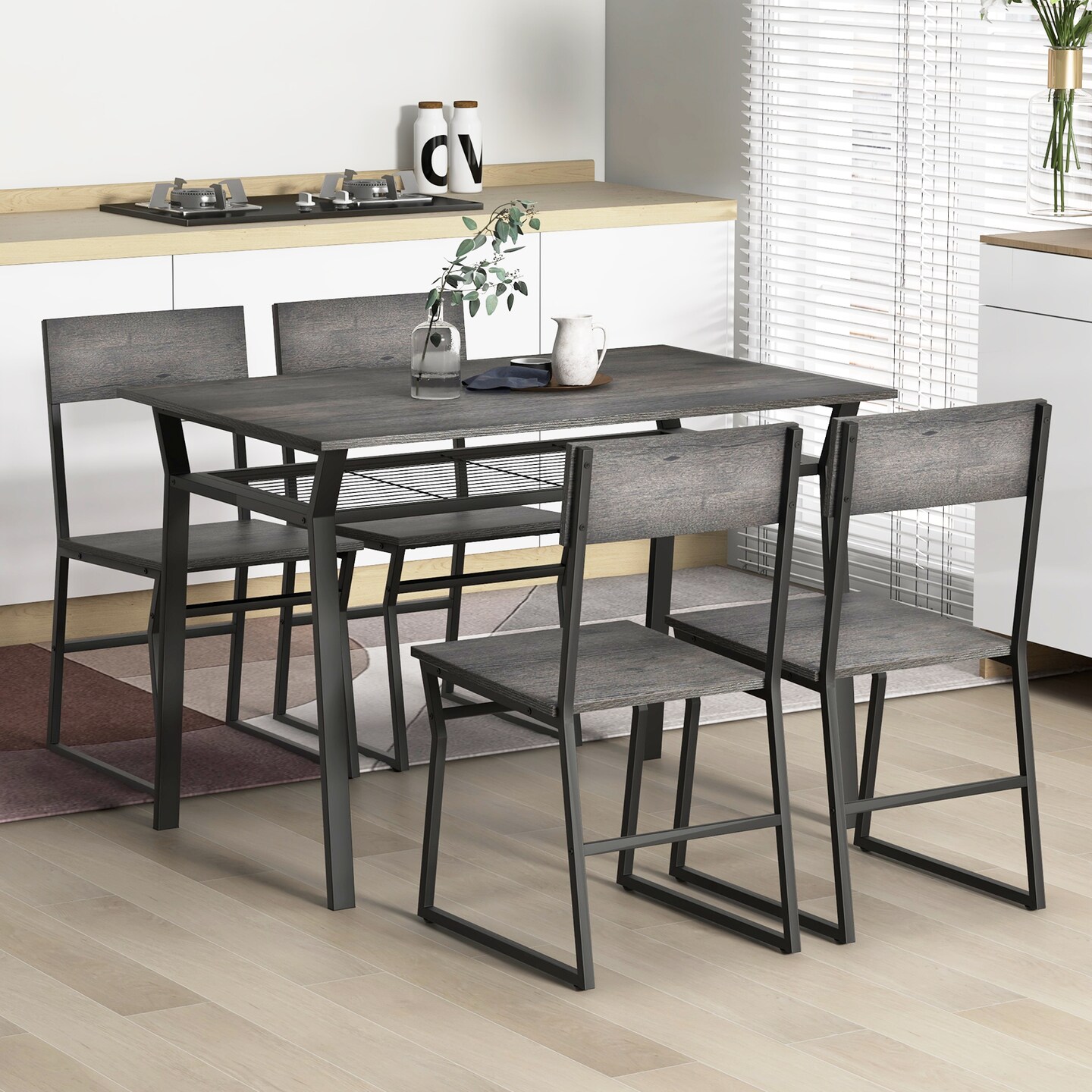 5 Piece Dining Table Set With Storage Rack And Metal Frame