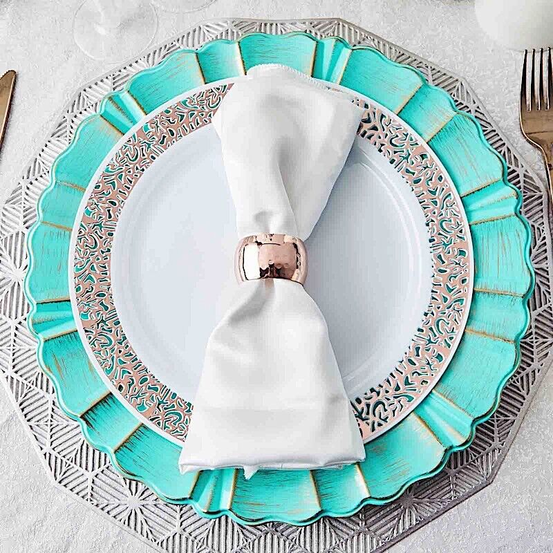 6 TURQUOISE GOLD 13&#x22; Round Scalloped Trim Charger Plates