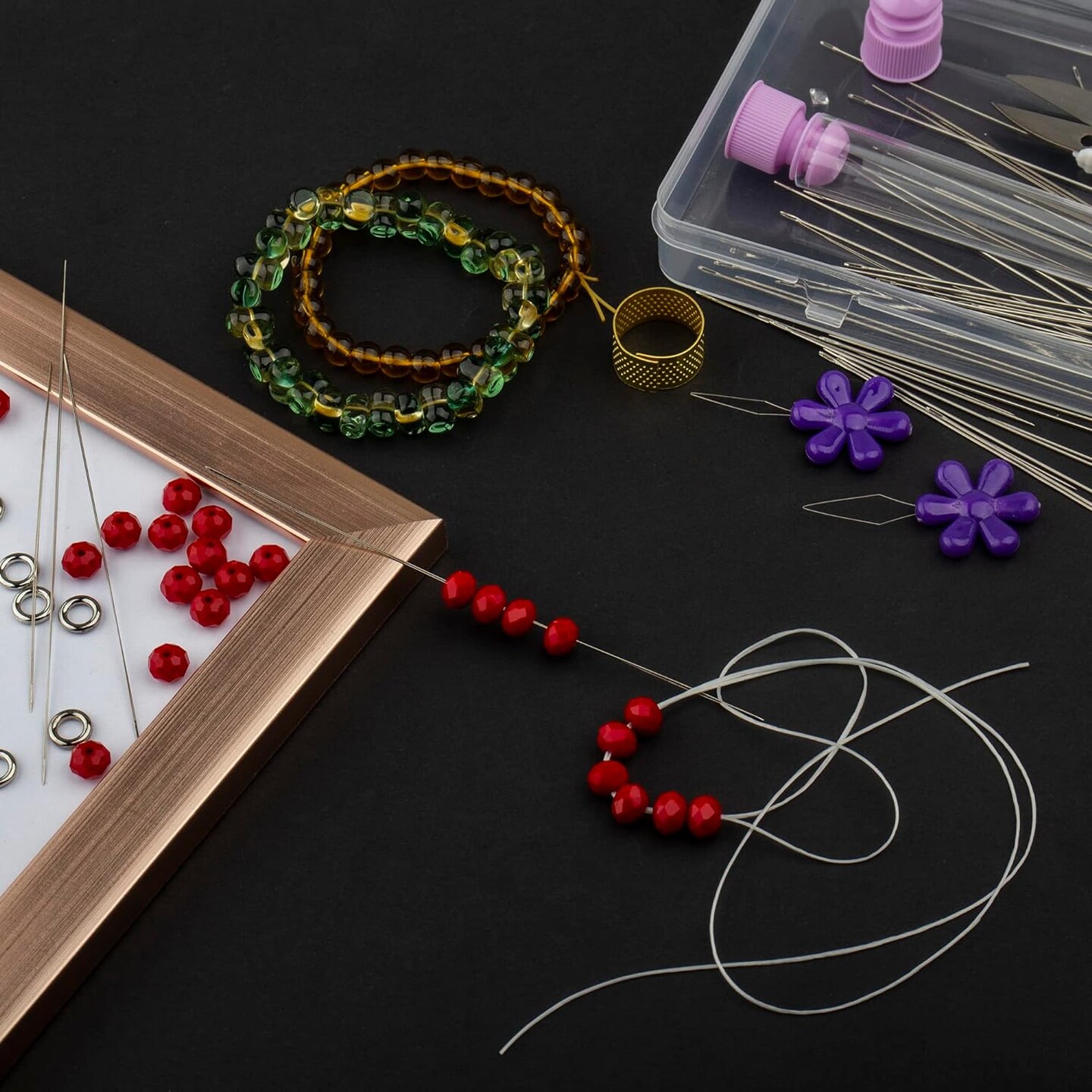 58Pcs Beading Needles for Jewelry Making, Seed Beads Tools, Include 40 Long Straight and 8 Big Eye Beading Needles,Needle Bottle, Thimble, Needle Threaders,Securing Clip and Tape Measure