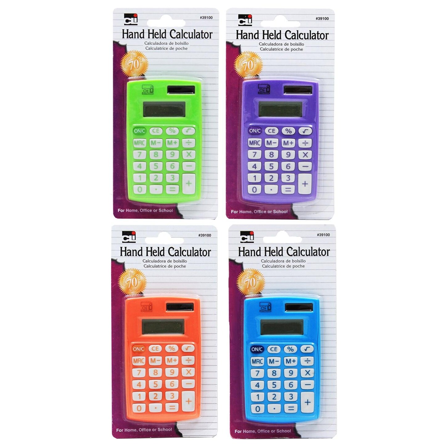 Calculator, Hand Held, 8 Digit, Assorted Colors, Pack of 12, Carded