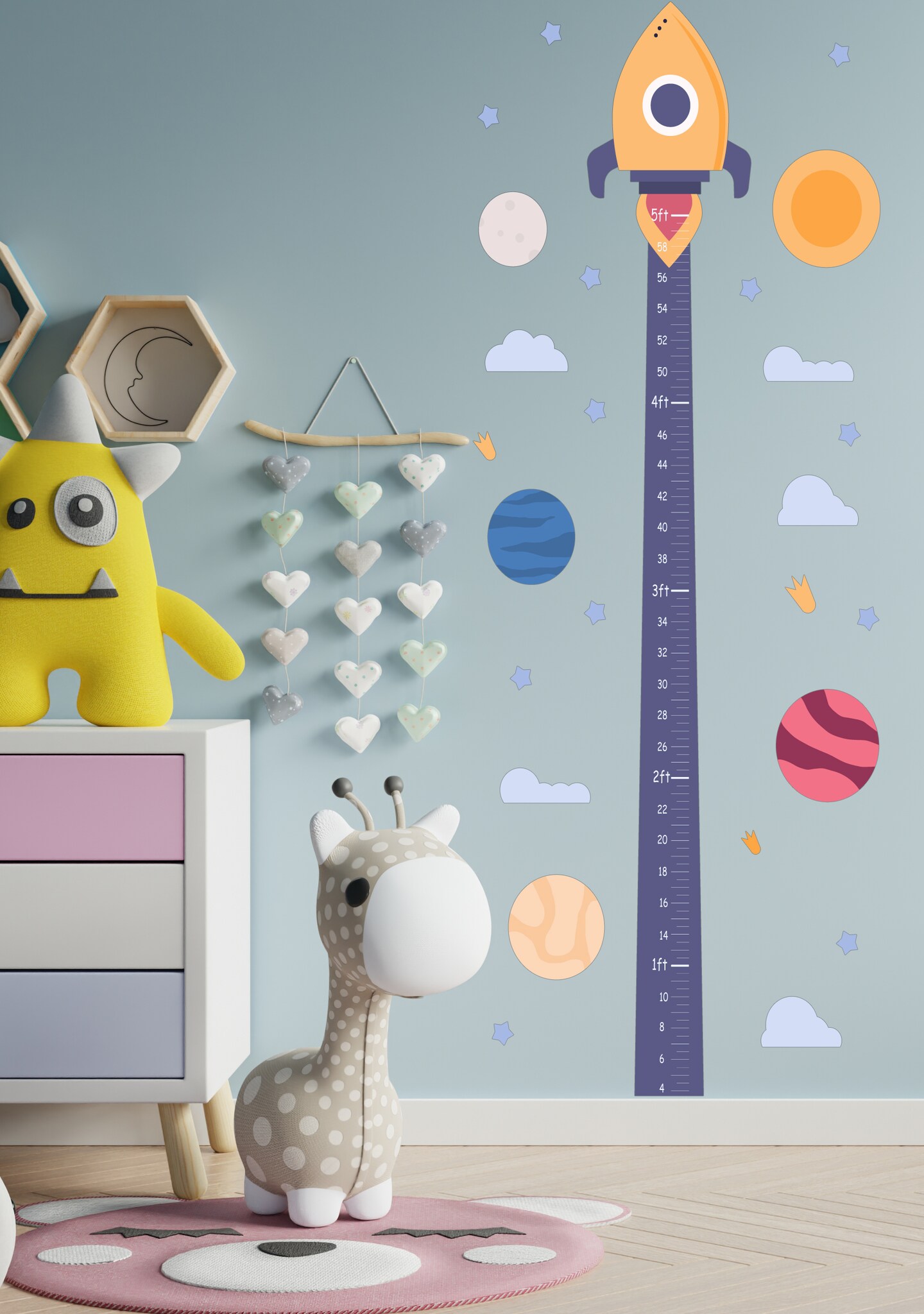 Space Rocket and Galaxy Growth Chart Nursery Wall Decal, 27x60 Inches, Moon, Stars and Clouds, Space Nursery Decor se219 product 3