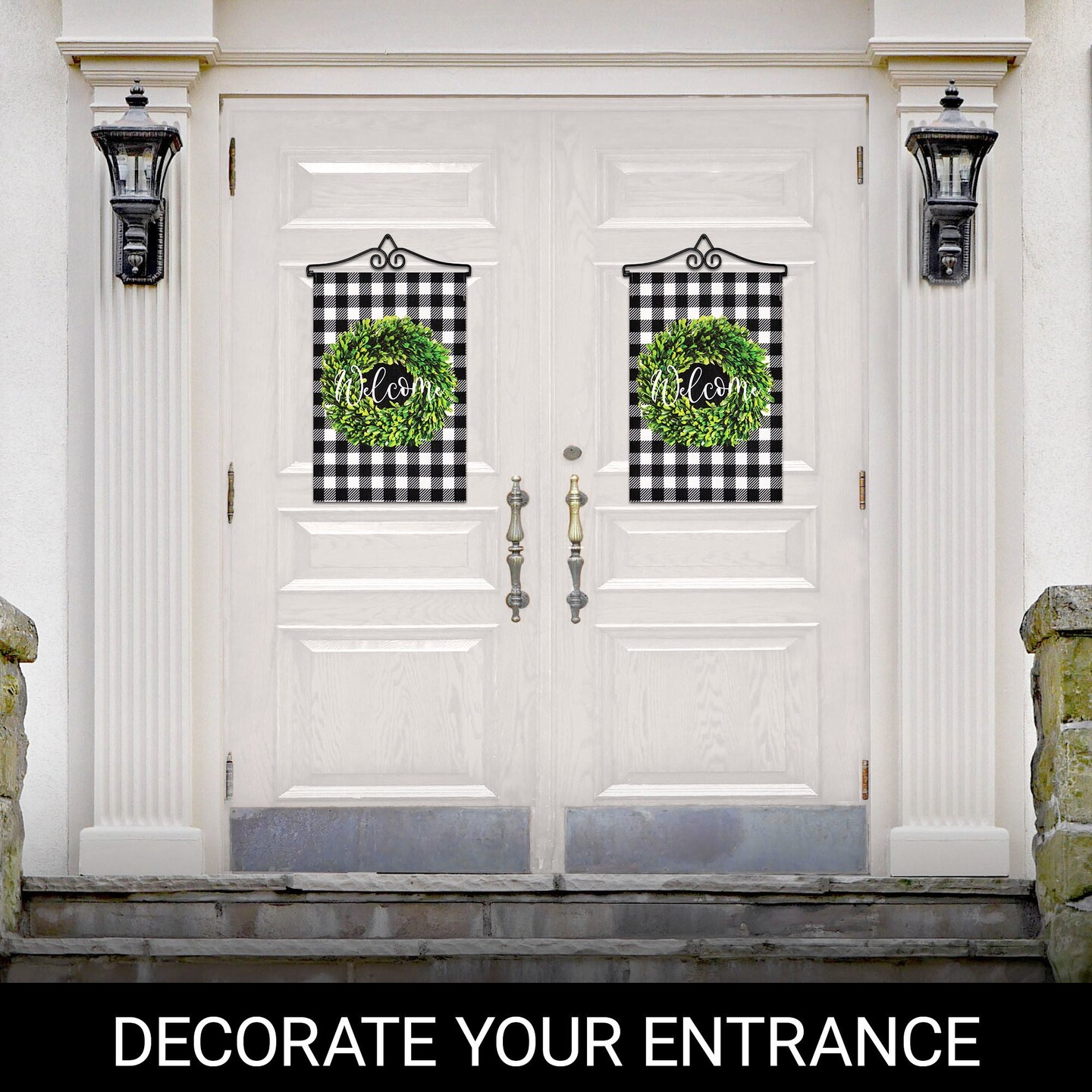 G128 Combo Pack Garden Flag Hanger 14IN & Garden Flag Welcome Wreath 12x18IN Printed Double Sided Burlap Fabric