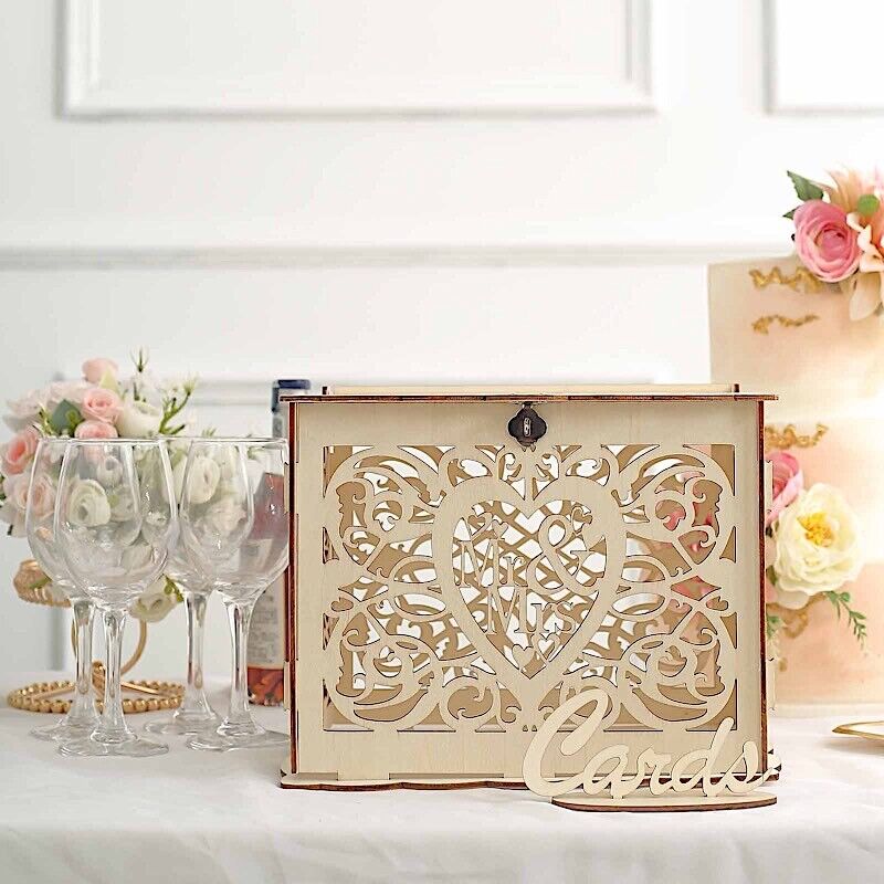 Natural Wood Mr & Mrs Laser Cut Wedding Gift Money Card Box SIGN STAND