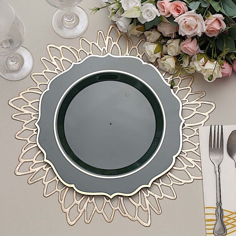 20 HUNTER GREEN 10.5&#x22; Round Plastic Dinner Plates GOLD Scalloped Rim