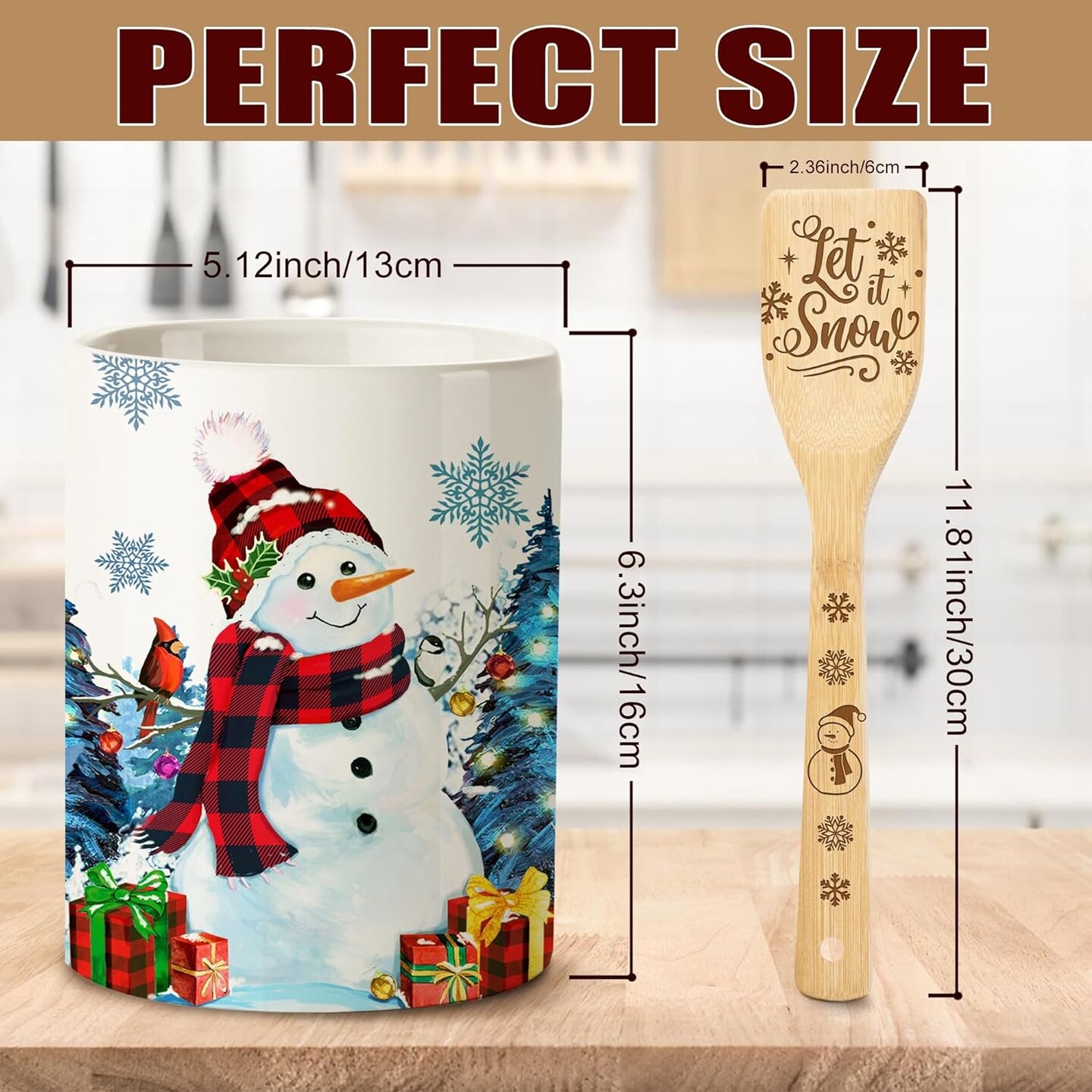 Blue Snowman Christmas Utensil Holder with Bamboo Spoons Set
