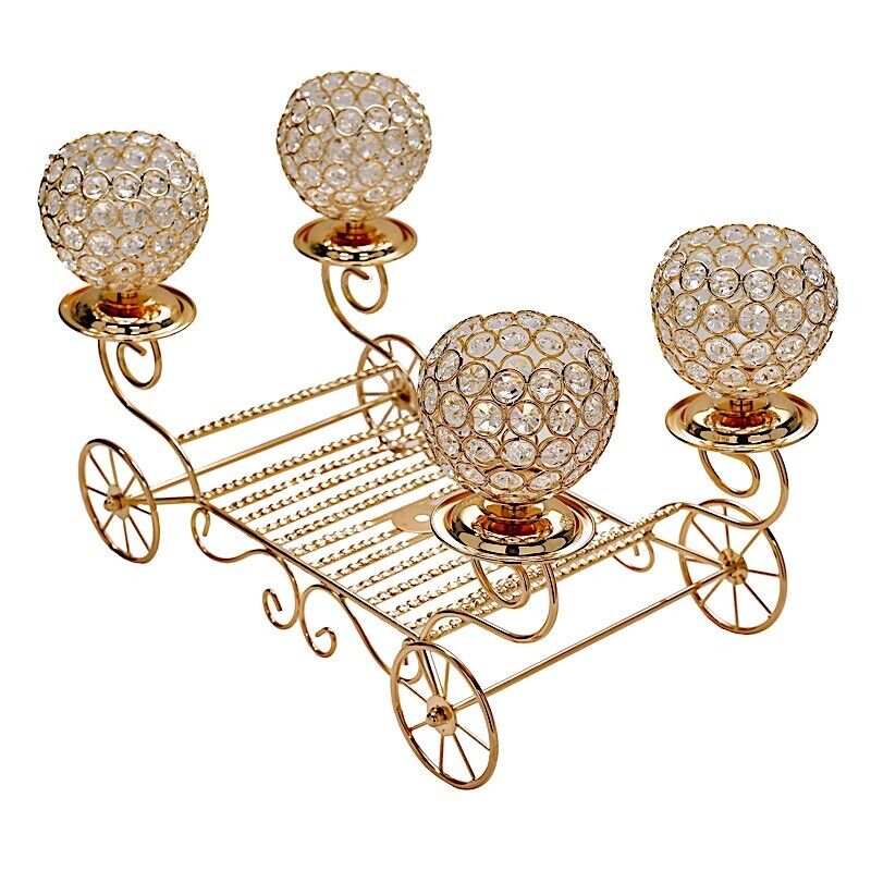 GOLD 18&#x22; Cinderella Carriage Crystal Beaded CANDLE HOLDERS CENTERPIECE