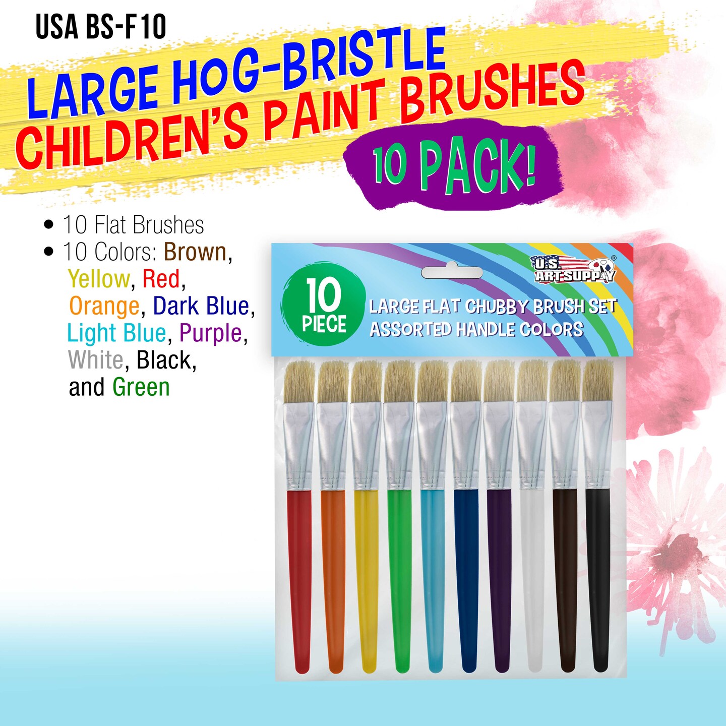 U.S. Art Supply 10-Piece Large Flat Children&#x27;s Chubby Hog Bristle Tempera Paint Brush Set - Fun Kid&#x27;s Party, School, Student, Class Craft Painting