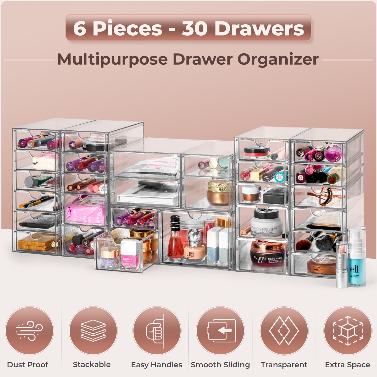 Sorbus 30 Drawers Acrylic Organizer for Makeup, Organization and Storage, Art Supplies, Jewelry, Stationary - 6 Pcs Clear Stackable Storage Drawers