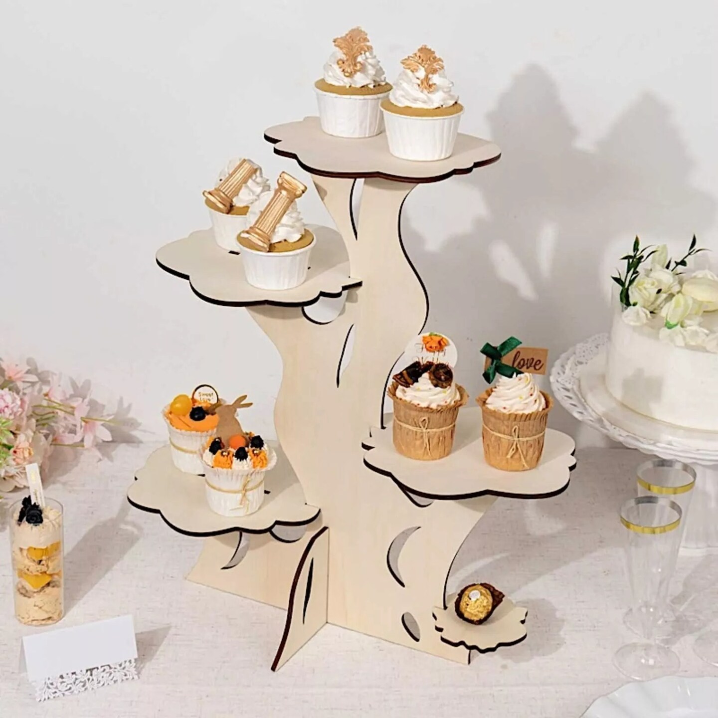 NATURAL 19&#x22; Wooden 5 Tier Cupcake Dessert DISPLAY STAND Tree Tower