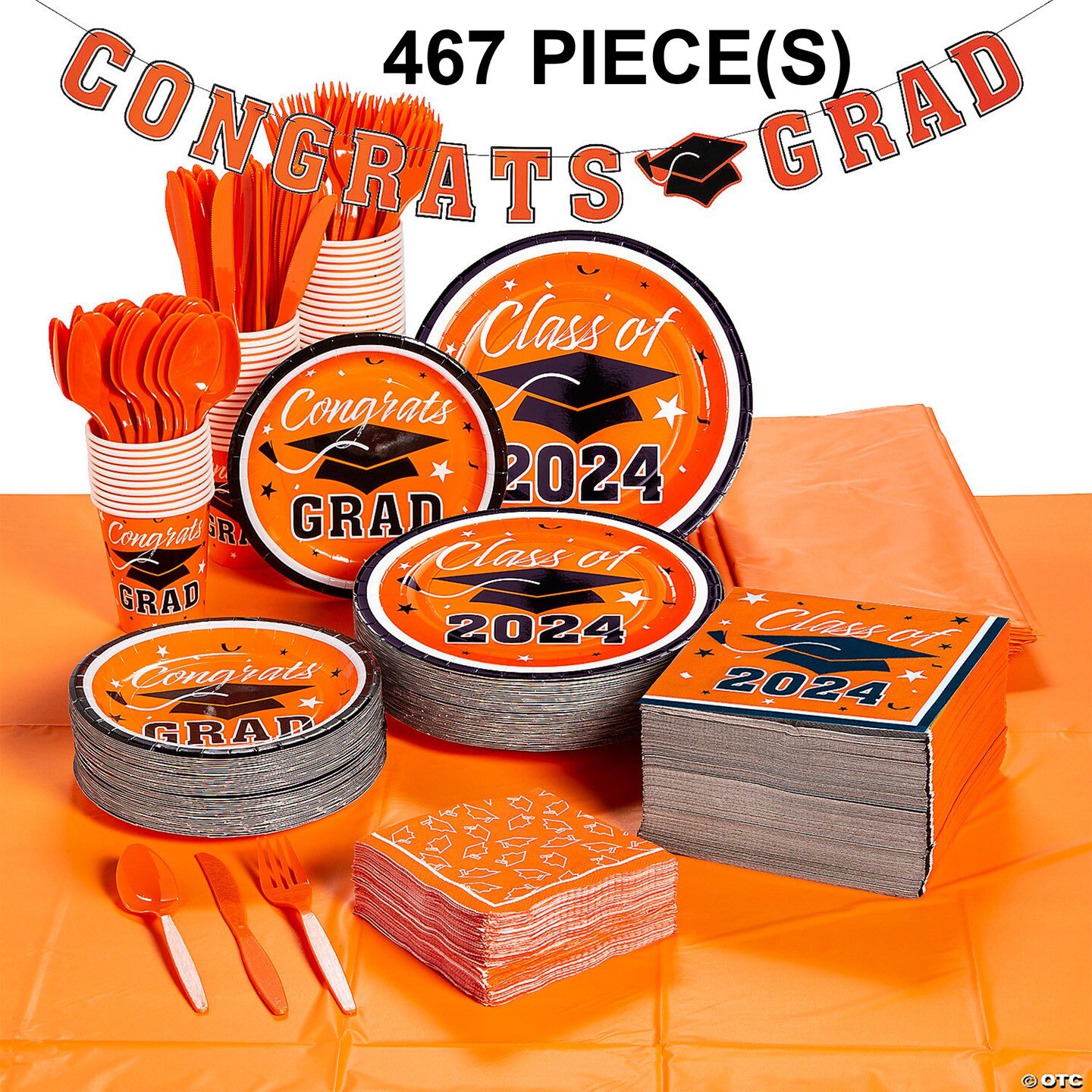 Bulk 467 Pc. Orange 2024 Graduation Disposable Tableware Kit for 50 Guests