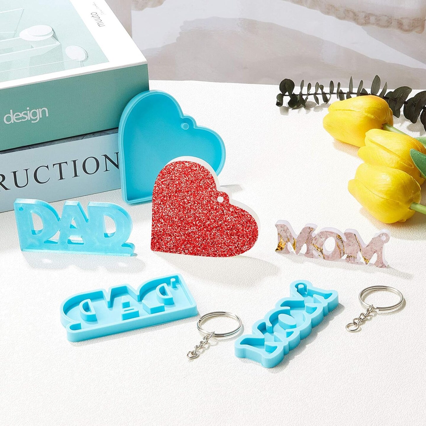 6 Pieces Mom Dad Keychain Resin Molds Silicone Mom Dad Letter Keychain Molds Heart Shape Keychain Pendant Mold with 10 Pieces Key Rings for DIY Keychain Jewelry Home Decorations Making Supplies