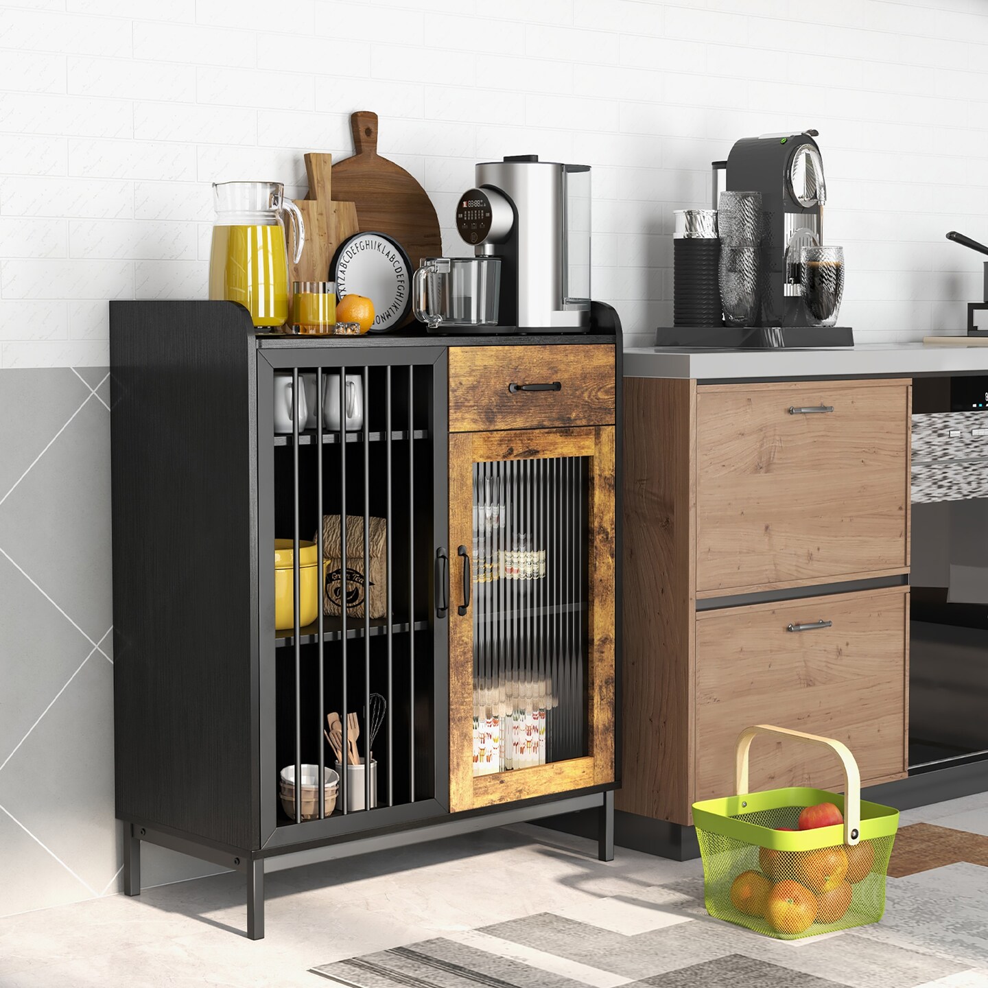 Costway Kitchen Sideboard Buffet Bar Cabinet Accent Cupboard with Metal Glass Door & Drawer