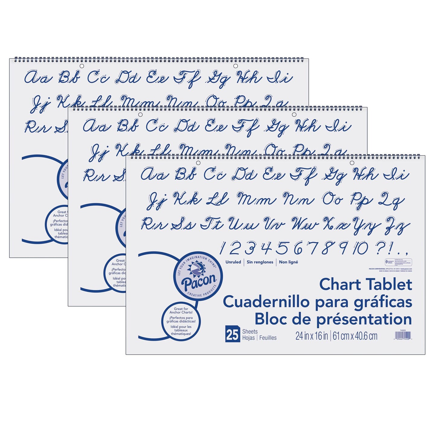 Chart Tablet, Cursive Cover, Unruled 24&#x22; x 16&#x22;, 25 Sheets, 3 Tablets