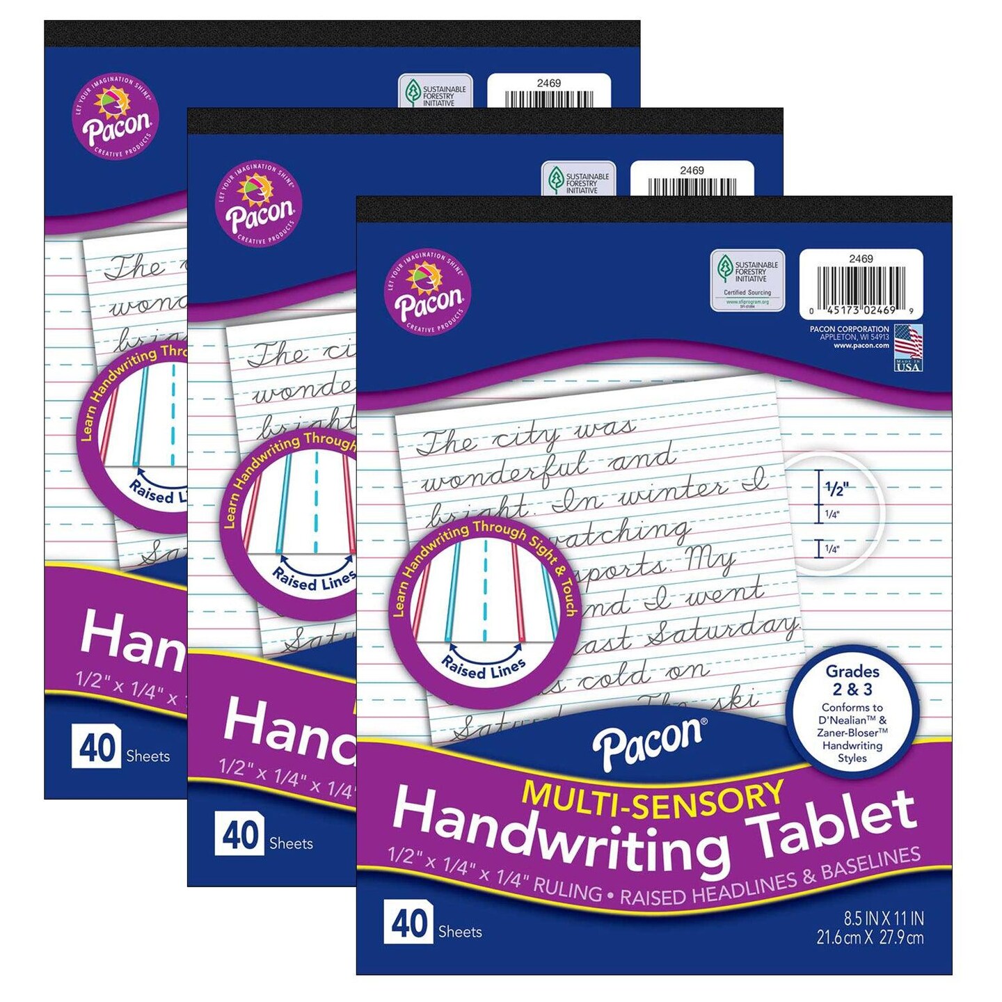 Multi-Sensory Raised Ruled Tablet, Tape-Bound Tablet, 1/2&#x22; x 1/4&#x22; x 1/4&#x22; Ruled Short, 8-1/2&#x22; x 11&#x22;, 40 Sheets, Pack of 3