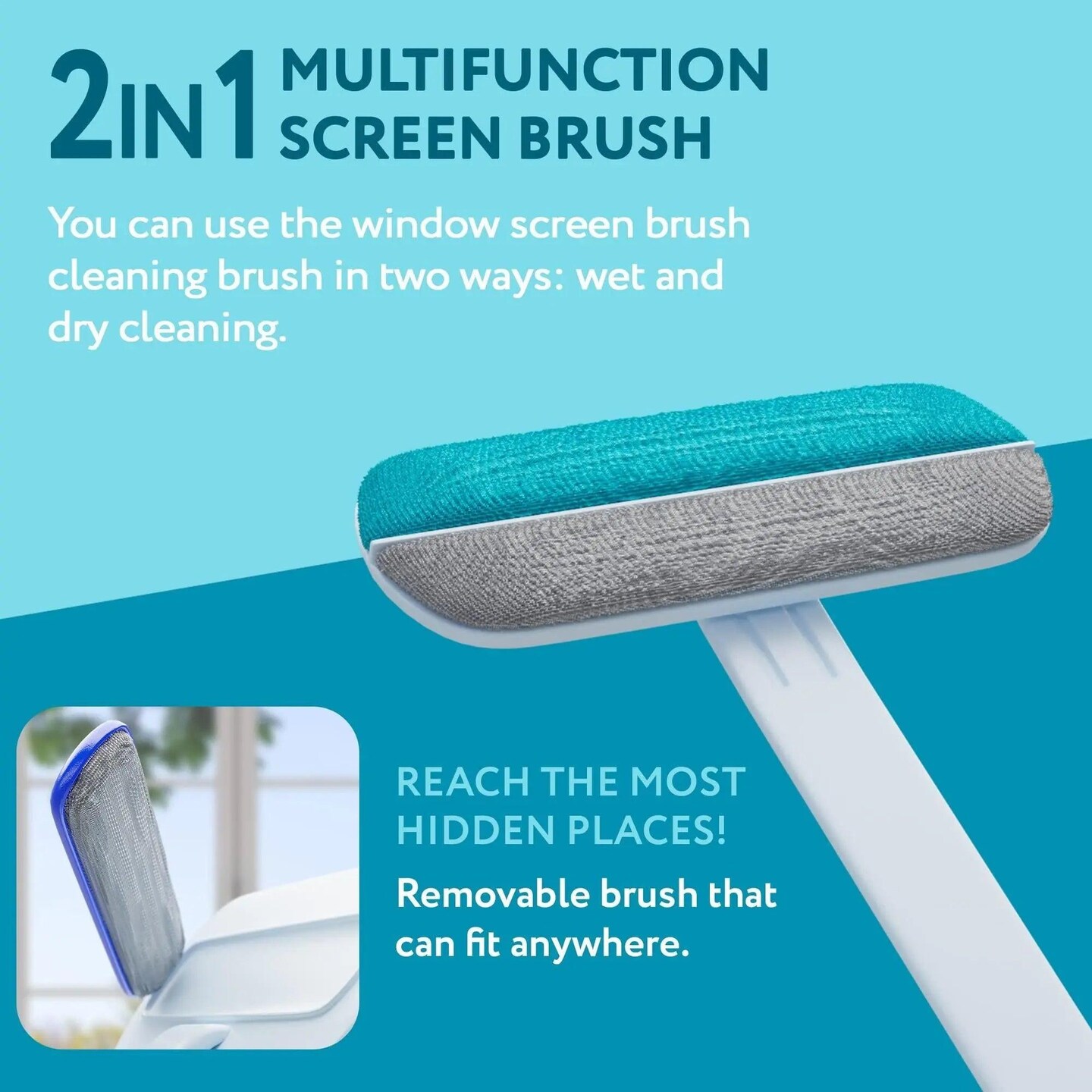 Window Screen Brush Cleaner 7.28 x 18.3 BlueWhite Multifunctional Screen Brush with Handle and Integrated Small Brush Double Sided Mesh Cleaner Brush for Glass Carpet Screen Cleaning Tool