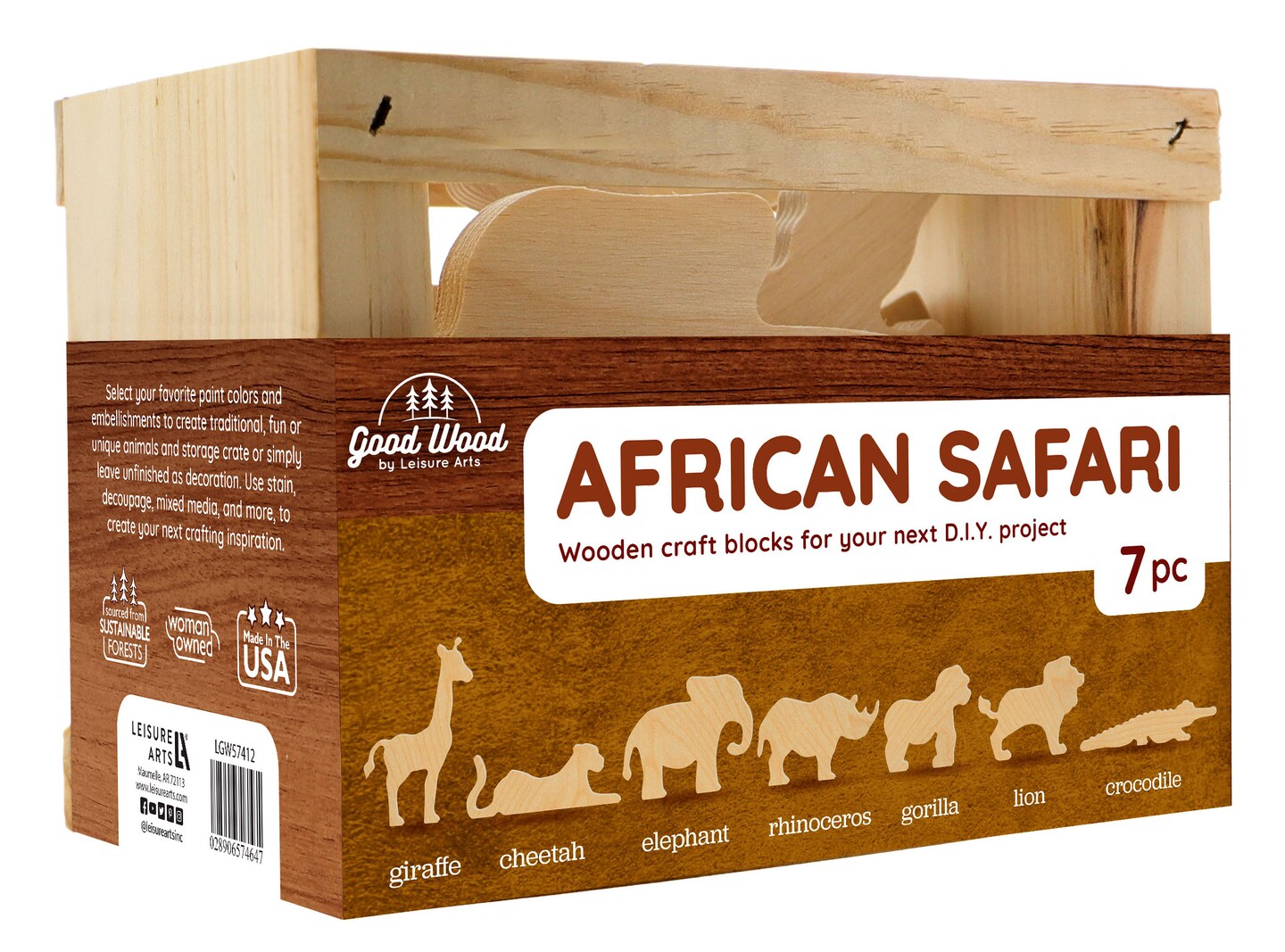 Good Wood by Leisure Arts: African Safari Crate Set - 7 Piece Animal Wood Cutouts - Small Wooden Shapes for Crafts - Wooden Craft Shapes - wooden animals to paint