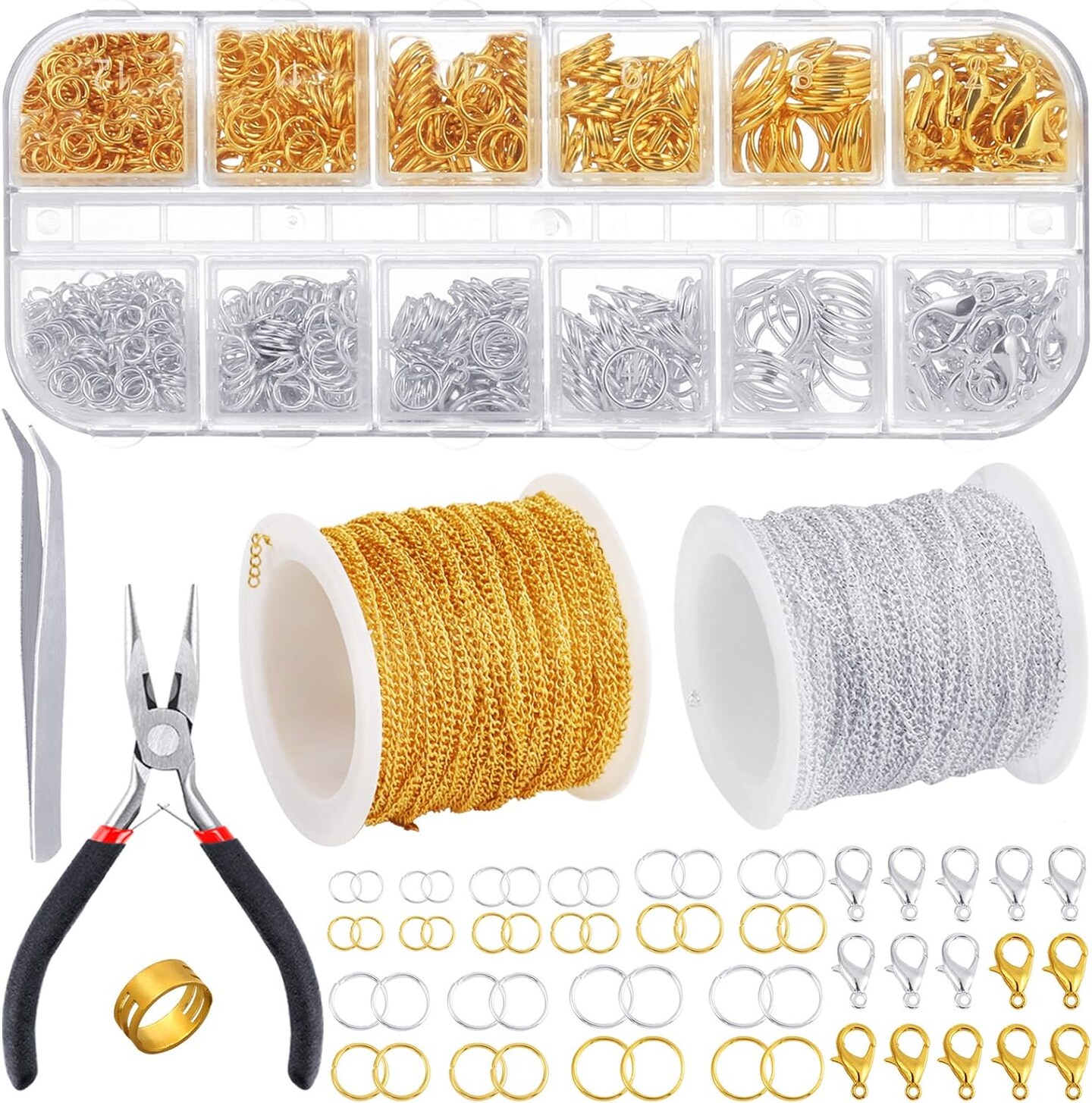 65 Feet Jewelry Chains Necklace Chains 2 mm Jewelry Making Chains with 960 Pieces Jump Rings 40 Pieces Lobster Clasps Jewelry Making Tools (Gold, Silver Total in 65 Feet)