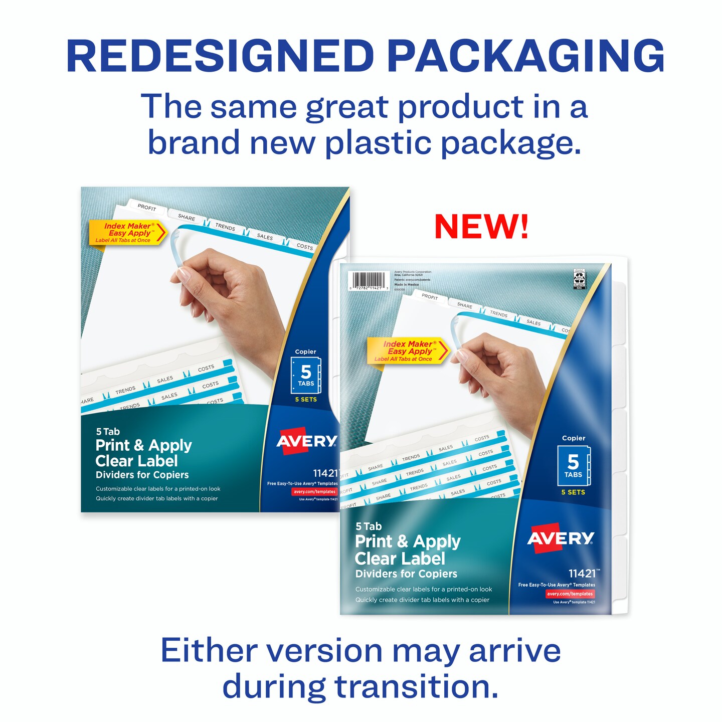 Avery 5 Tab Dividers for 3 Ring Binder, Easy Print & Apply Clear Label Strip for Copiers, Index Maker Customizable White Tabs, 5 Sets (11421)