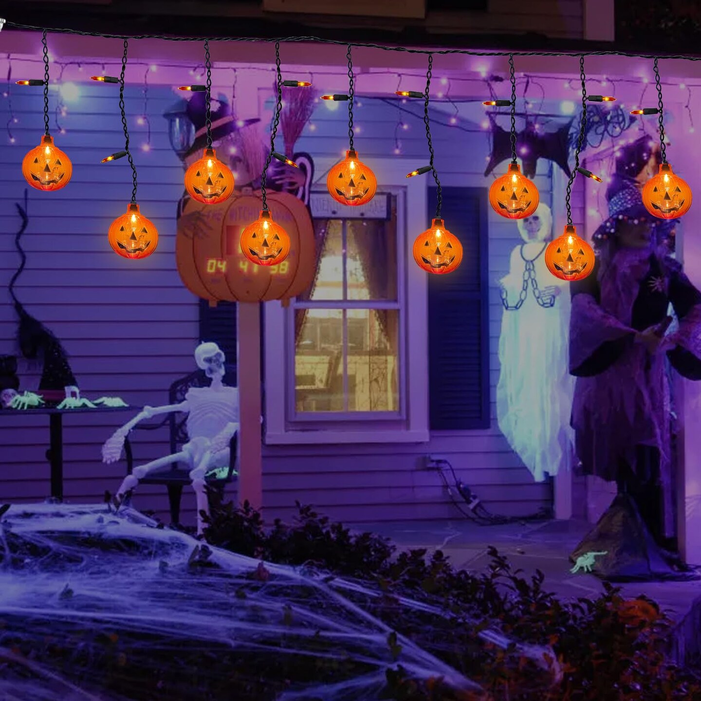 Halloween 7FT Pumpkin Curtain Lights with 10 Waterproof Pumpkin String Lights, 25 LED Halloween Themed Lights for Windows, Porches, Stairs, Bars, Outdoor, Indoor Party Decorations