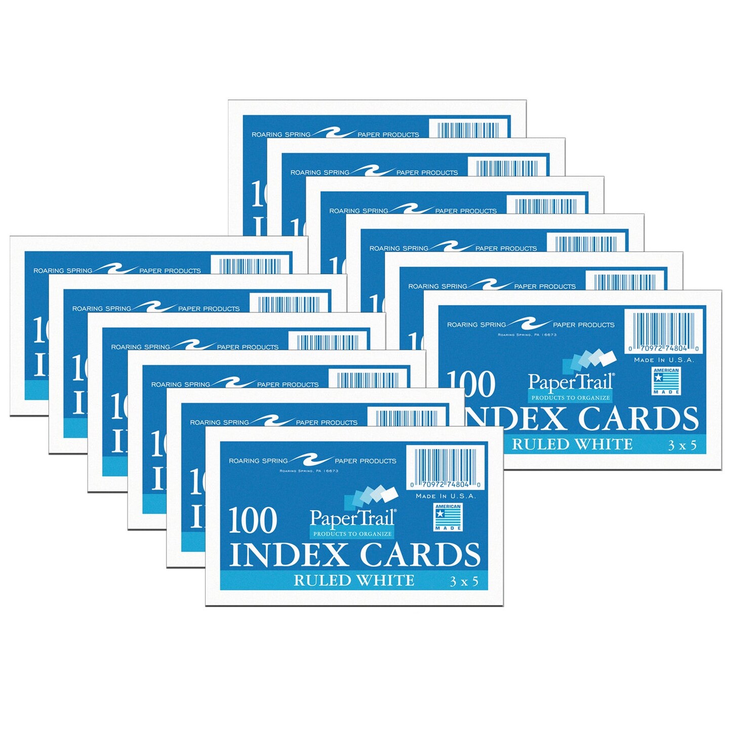 Index Cards, 3&#x22; x 5&#x22;, Ruled, 100 Per Pack, 12 Packs