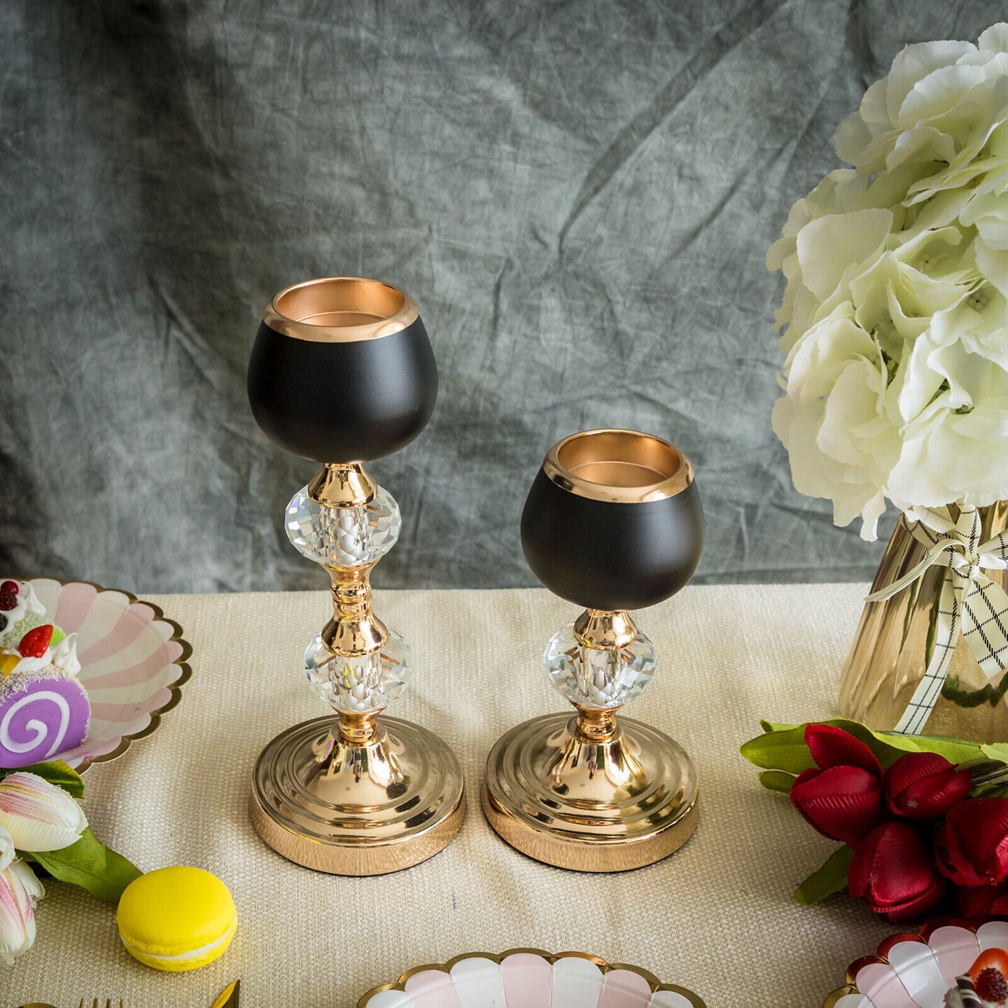 2 pcs 7&#x22; 11&#x22; tall Gold and Black Metallic Candle Holders