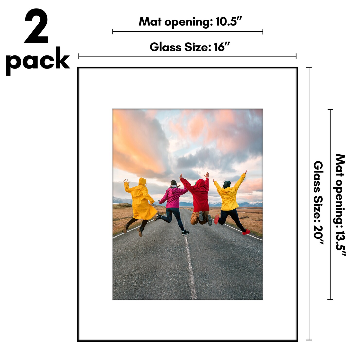 Americanflat 16x20 Front Loading Picture Frames - Set of 2 - 11x14 with Mat or 16x20 without Mat - Slim Photo Frame - Thin Border Photo Frame - Shatter Resistant Glass - Hanging Hardware - Black