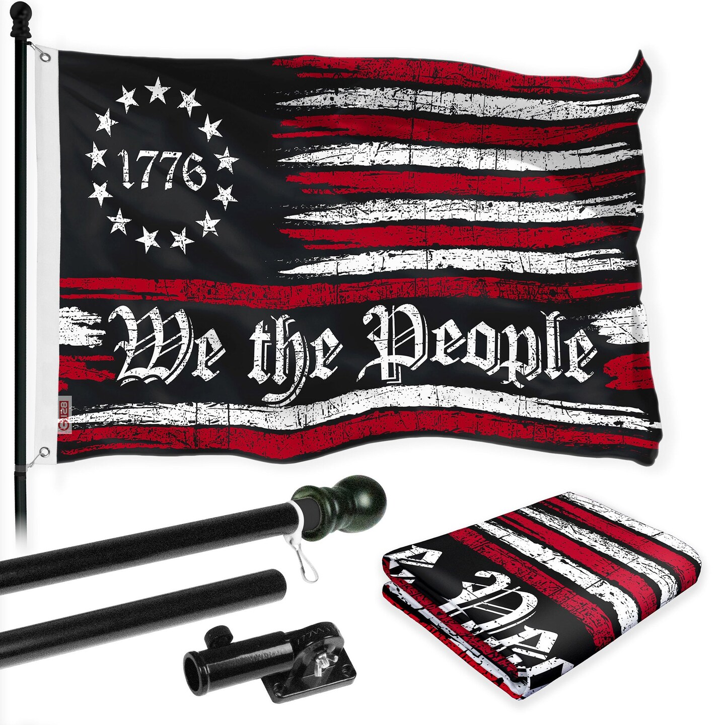 G128 Combo Pack: 6 Ft Tangle Free Aluminum Spinning Flagpole (Black) & We the People American Flag 3x5 Ft, LiteWeave Pro Series Printed 150D Polyester | Pole with Flag Included